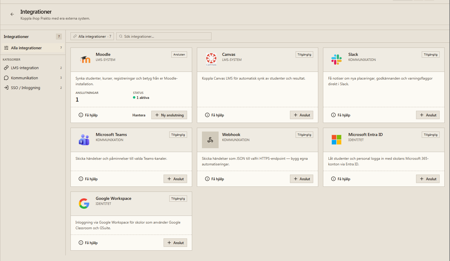Prakto integrationer: Moodle, Canvas, Slack, Teams, Entra ID, Google Workspace och Webhook
